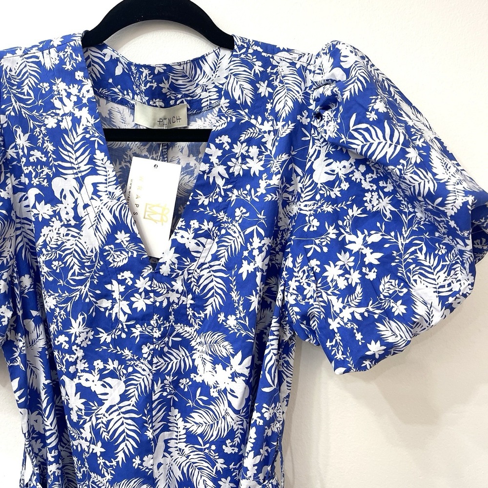 Women's Blue &‎ White Floral Puff Sleeve Midi Dress NEW MSRP $80 Medium By Pinch